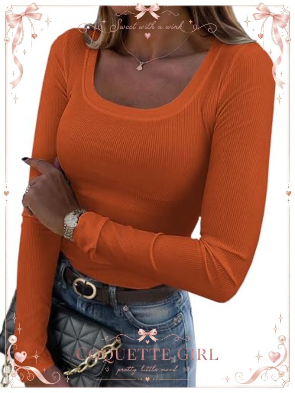 Rib Knit Long Sleeve Scoop Neck Slim Fit Tee Casual Top